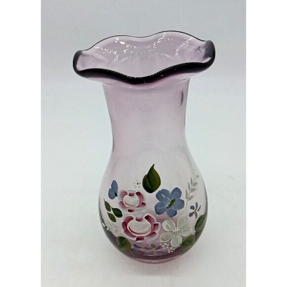 Vintage Fenton Amethyst Purple Glass Floral Hand Painted Vase - Picture 5 of 7